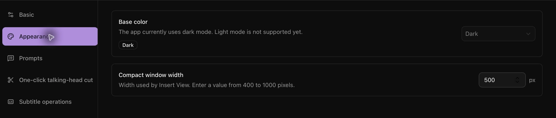 Compact window width in Appearance settings
