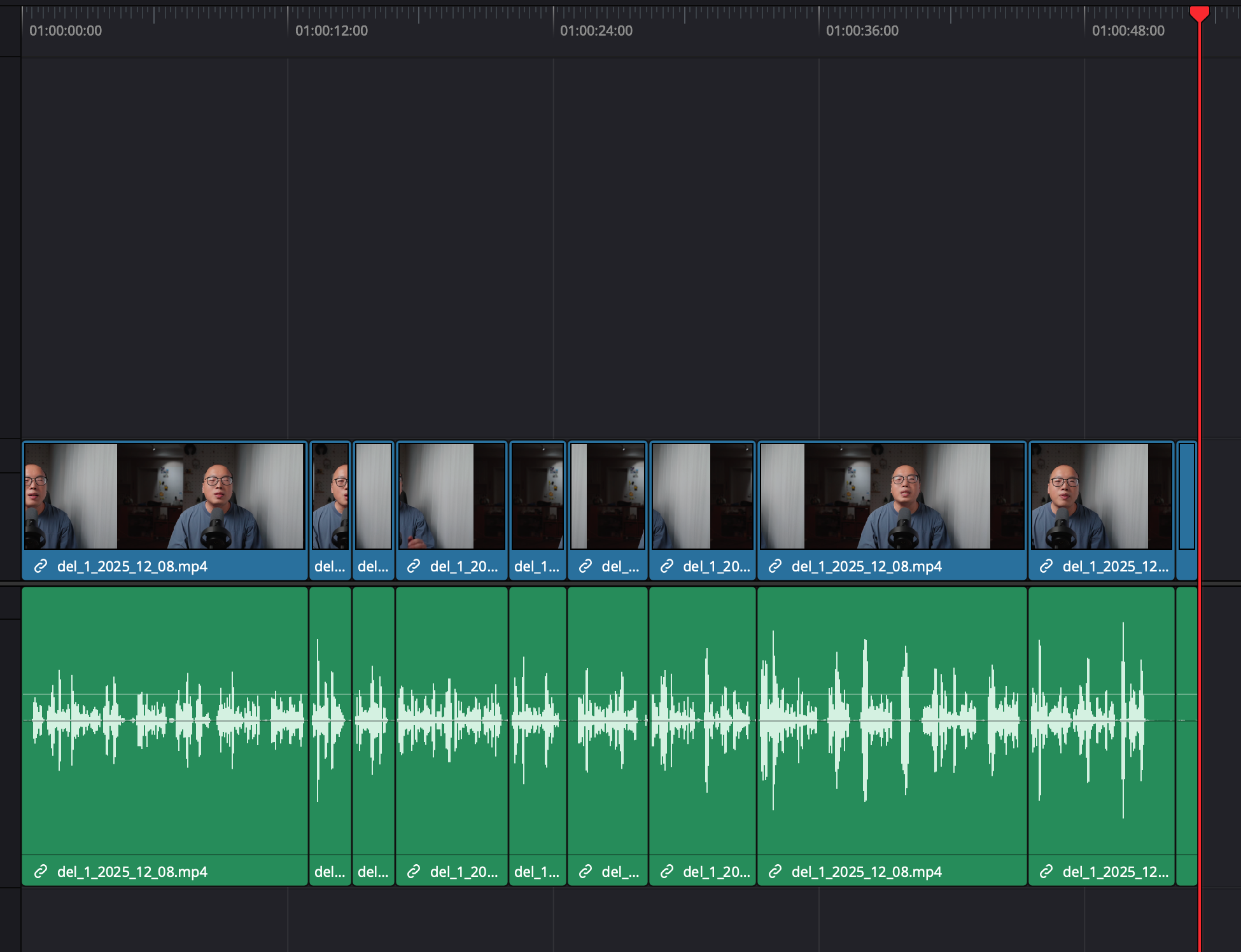 批量插入后的 DaVinci Resolve 时间线
