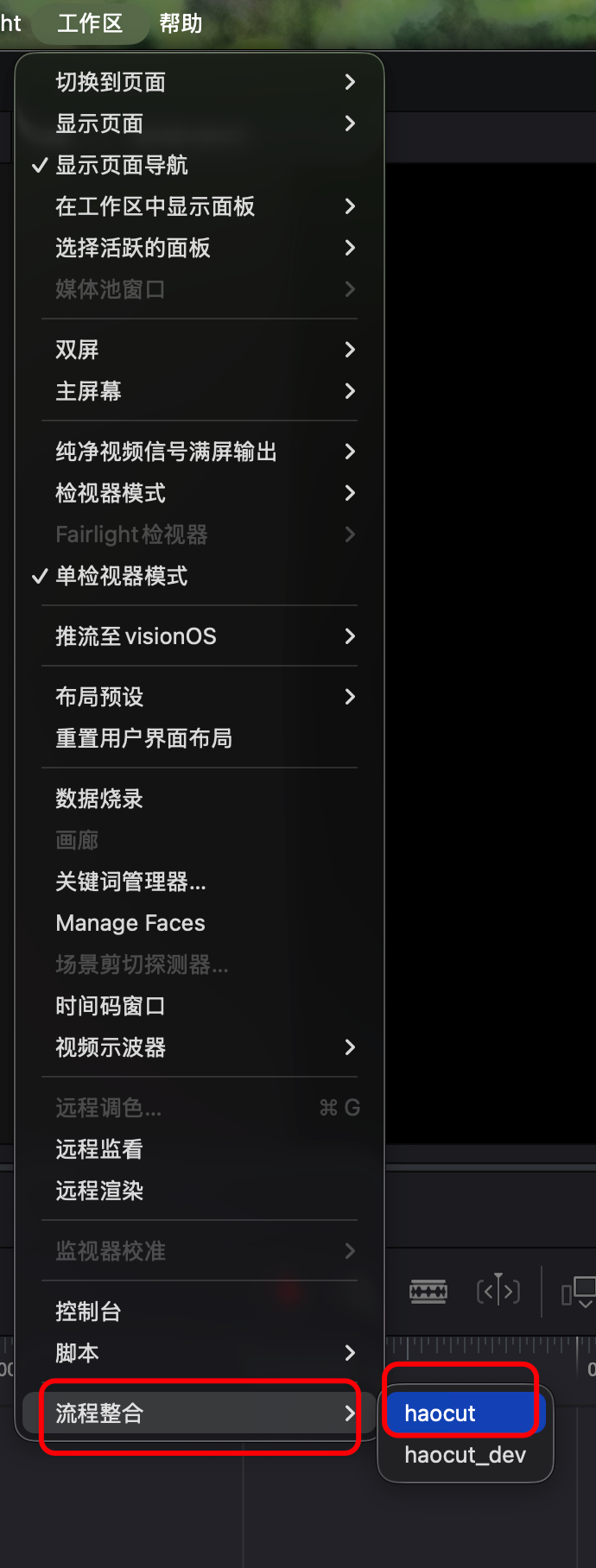 在 DaVinci Resolve 的流程整合菜单中打开 haocut